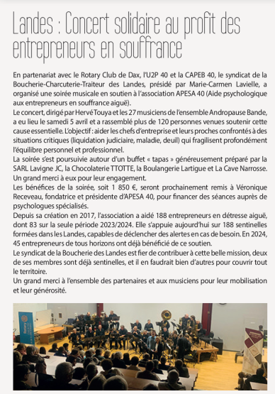Article Concert solidaire pour les entrepreneurs en souffrance APESA 40